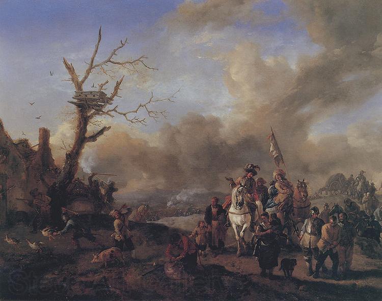 Philips Wouwerman Heranziehender Soldatentrob mit Marketenderinnen und Kindern, ein Bauerngehoft plundernd Norge oil painting art